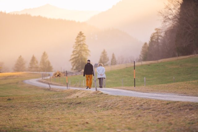 a senior couple walking together